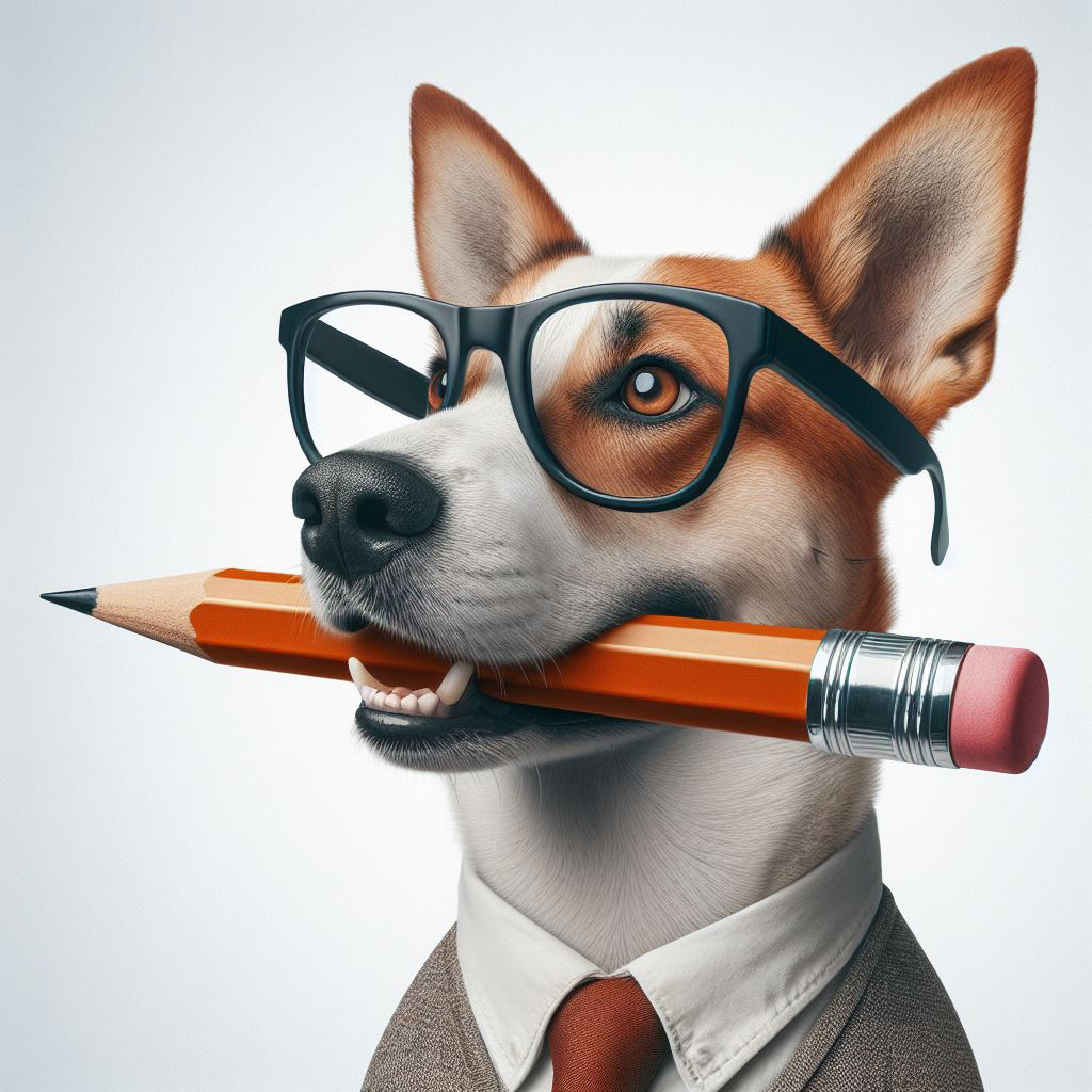 Un chien avec un crayon et des lunettes